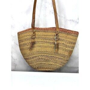 Vintage 80s Woven Sisal Market Tote Bucket Bag Leather Straps Round Striped Boho